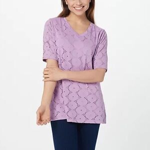 Isaac Mizrahi Knit Eyelet Rounded Swing Elbow Sleeves Top